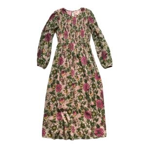 Banjanan Floral Maxi Dress Womens XS Pink Green Long Sleeve Smocked Crew Neck